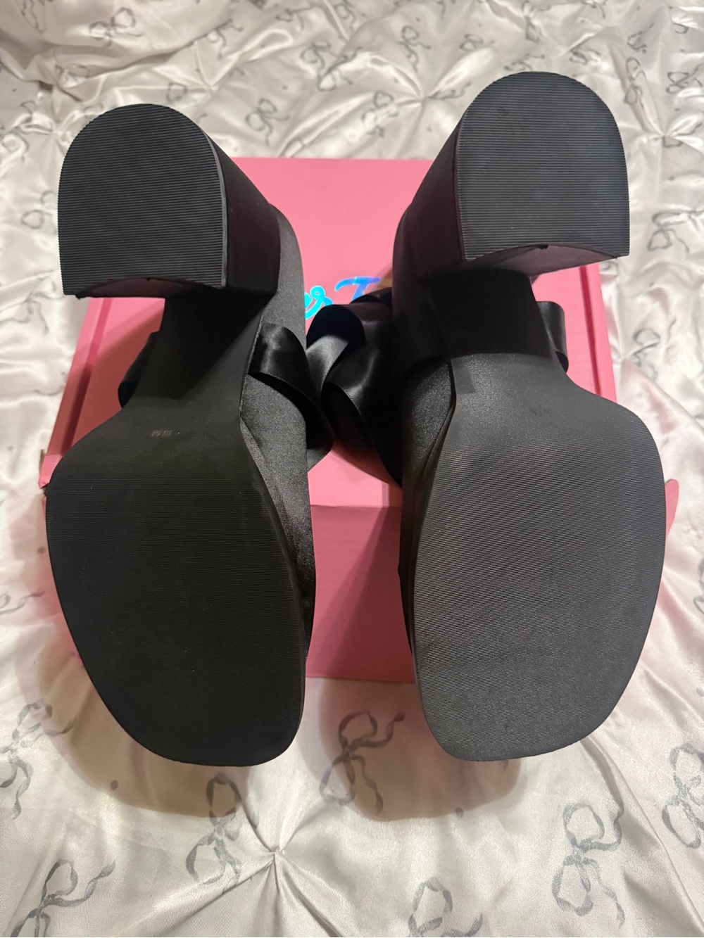Dolls Kill Black Satin Platform Mary Jane Pumps with Ribbon Wrap - Picture 4 of 6